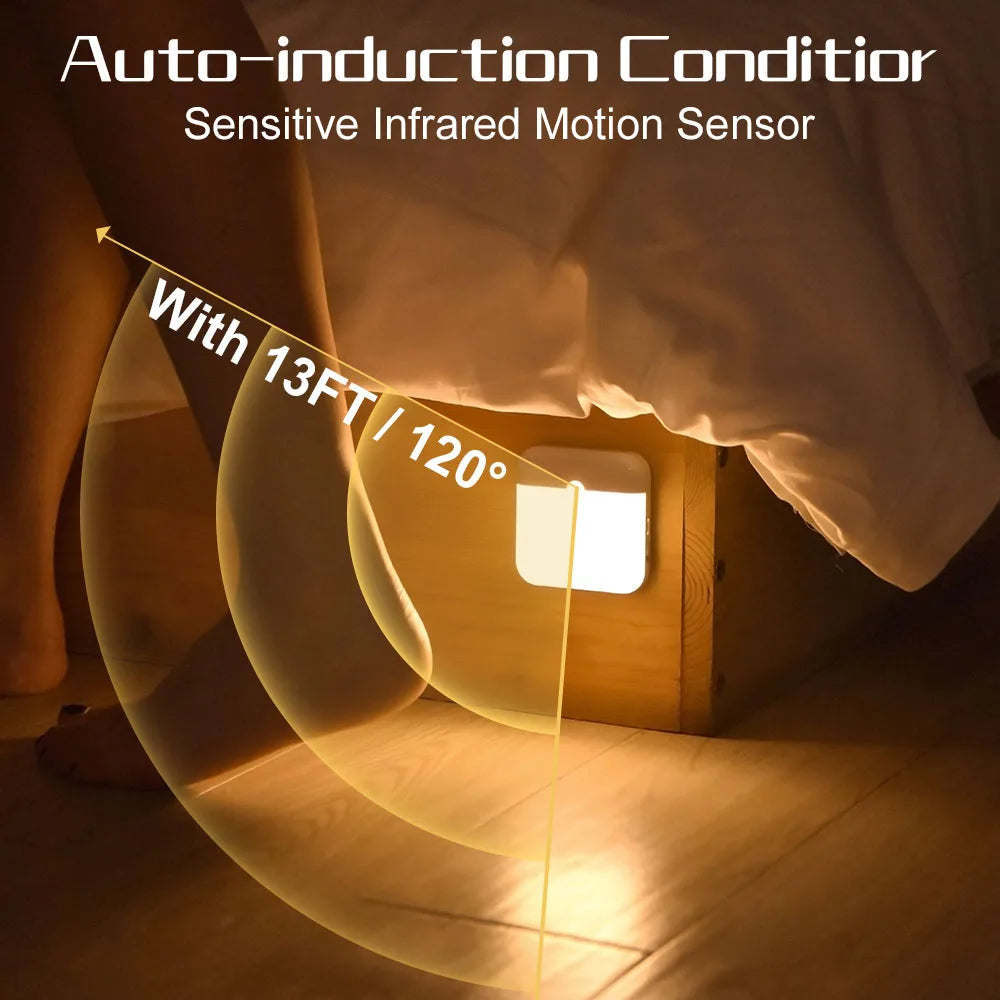 Square LED motion sensor night light with USB Type-C charging, suitable for bedroom, kitchen, stairs, hallway, wardrobe, and cupboard lighting.