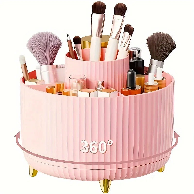 Prime Deal Zone 360-degree rotating cosmetic storage box with five compartments for brushes and makeup tools.