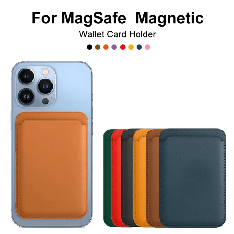 Prime Deal Zone MagSafe leather wallet case for iPhone and Samsung with card holder and magnetic cover, black leather design.