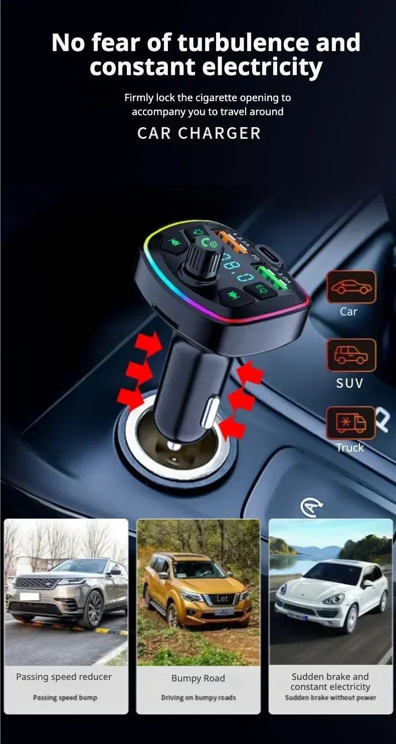 Prime Deal Zone Q7 Car Bluetooth FM Transmitter with dual USB PD charging, hands-free calling, and MP3 playback in a vehicle.