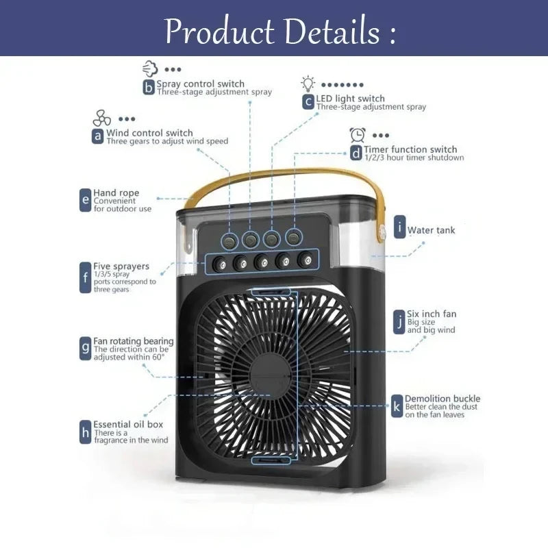 Prime Deal Zone portable 3-in-1 air cooler with LED night light, humidifier, and adjustable fan for home or office use.