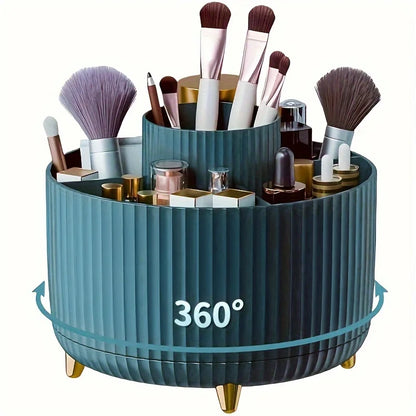 Prime Deal Zone 360-degree rotating cosmetic storage box with five compartments for brushes and makeup organization.