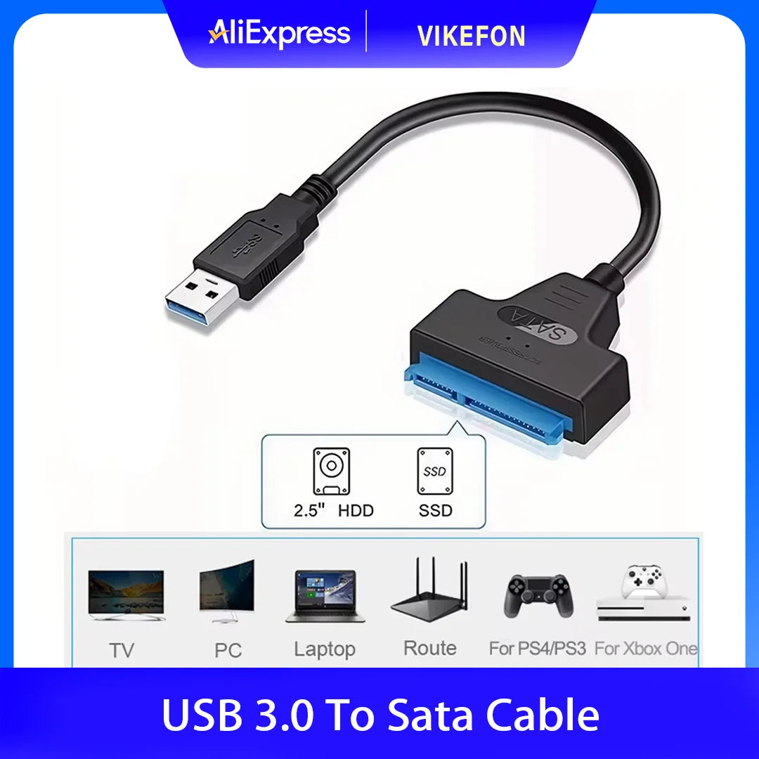 Prime Deal Zone SATA to USB 3.0 cable connected to a 2.5 inch external HDD SSD for fast data transfer.