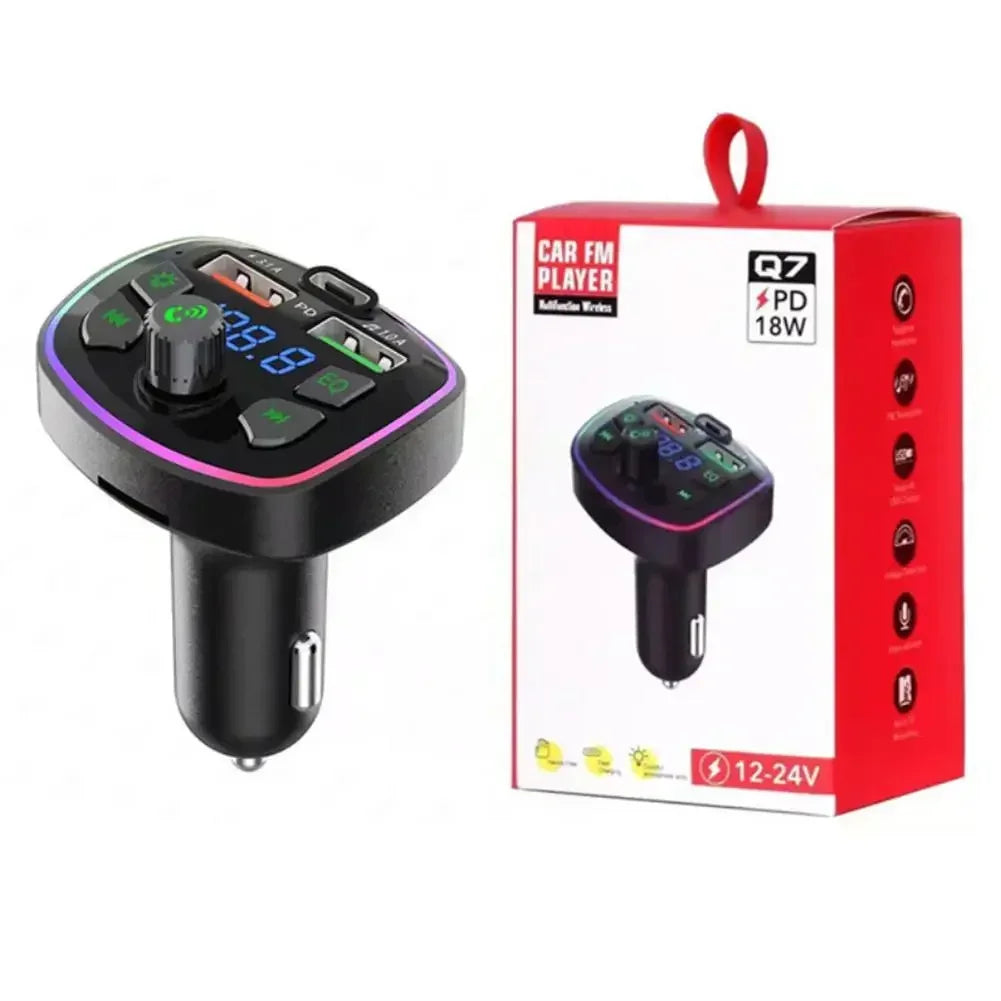 Prime Deal Zone Q7 Car Bluetooth FM Transmitter with dual USB PD charging, hands-free calling, and MP3 playback in a vehicle.