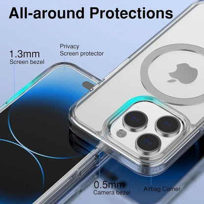 Transparent silicone magnetic iPhone case for models 11 to 17 Pro Max, featuring a clear design and MagSafe compatibility.
