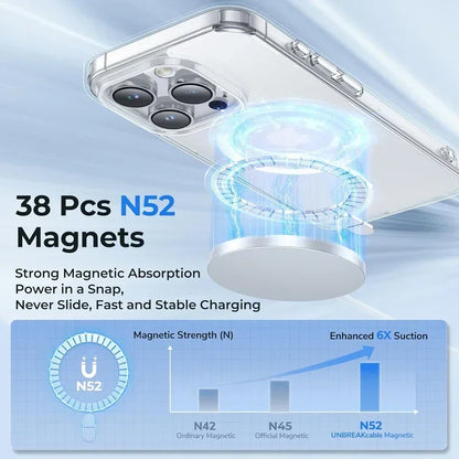 Clear silicone iPhone 17 case with magnetic MagSafe compatibility, featuring transparent design and precise cutouts for buttons and ports.