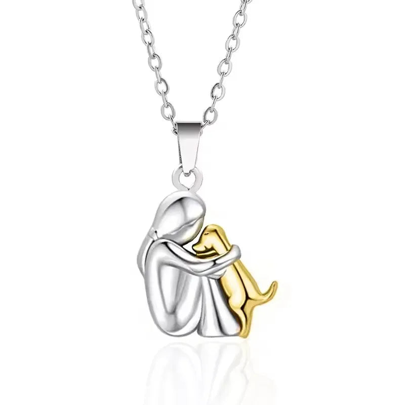 Cute girl and dog pendant necklace, featuring animal-themed jewelry with rings, ideal for birthdays and pet lovers.