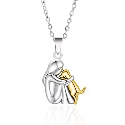 Cute girl and dog pendant necklace, featuring animal-themed jewelry with rings, ideal for birthdays and pet lovers.
