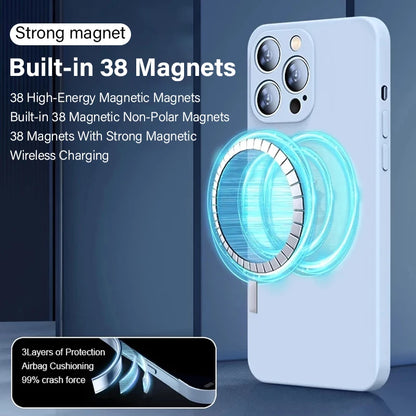 Liquid silicone MagSafe magnetic case for iPhone 15, 14, 13, 12, 11, XR, XS, 8 Plus, and Mini with wireless charging compatibility.