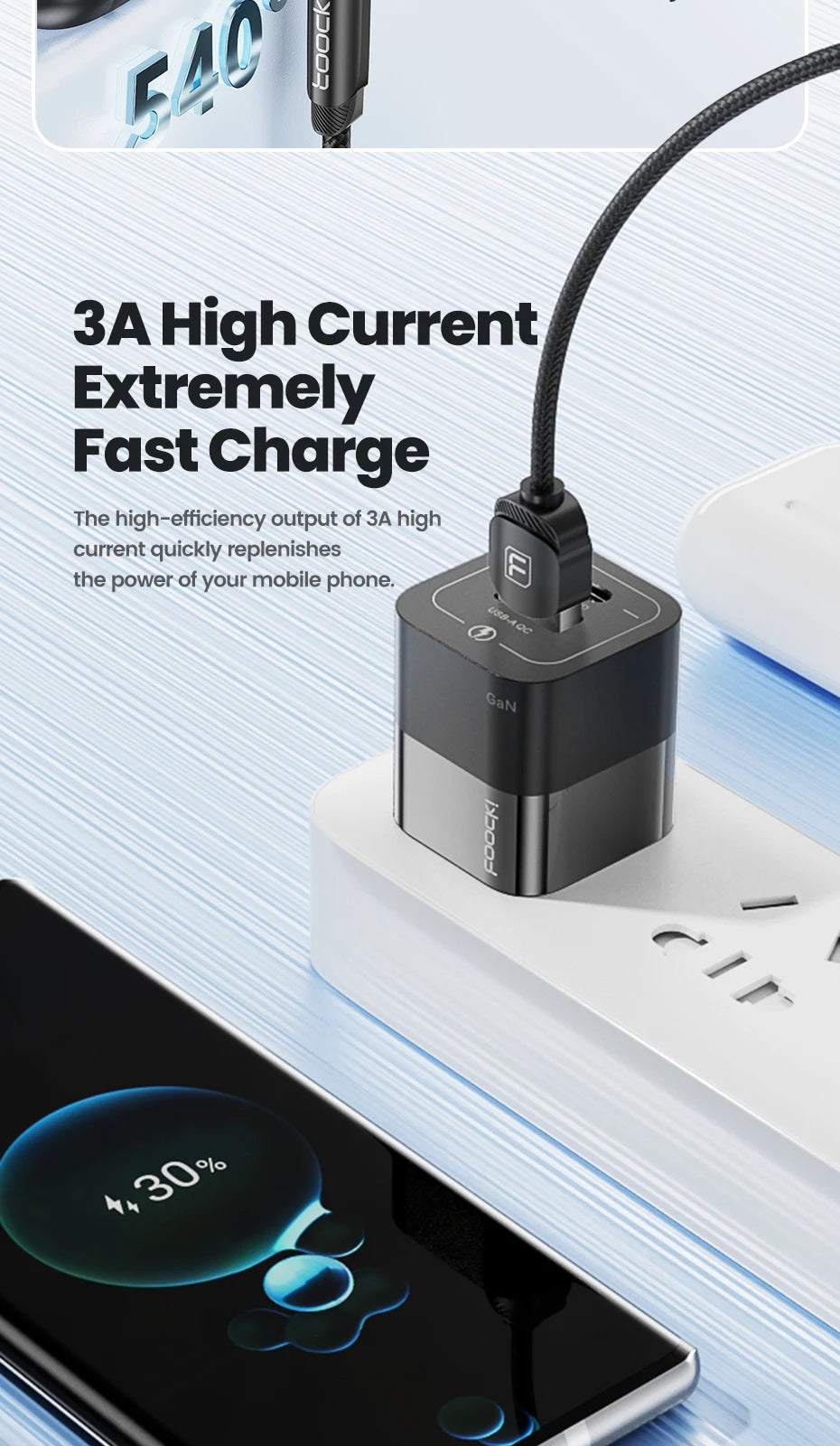 Toocki 540 Rotate Magnetic USB Type-C cable for iPhone, Xiaomi, with magnetized charging and data transfer capabilities.