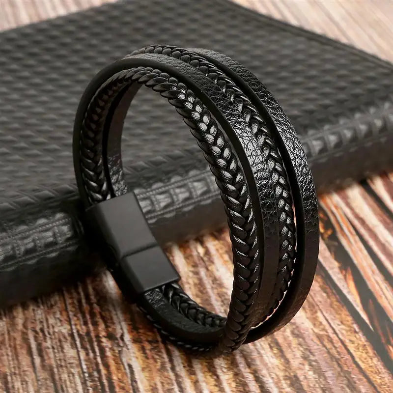 Men’s Multi-Layer Woven Leather Bracelet — Casual Fashion