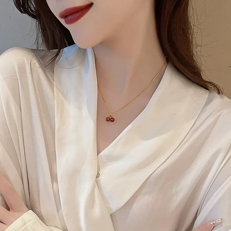 cherry pendant necklace, red resin charm - view 4
