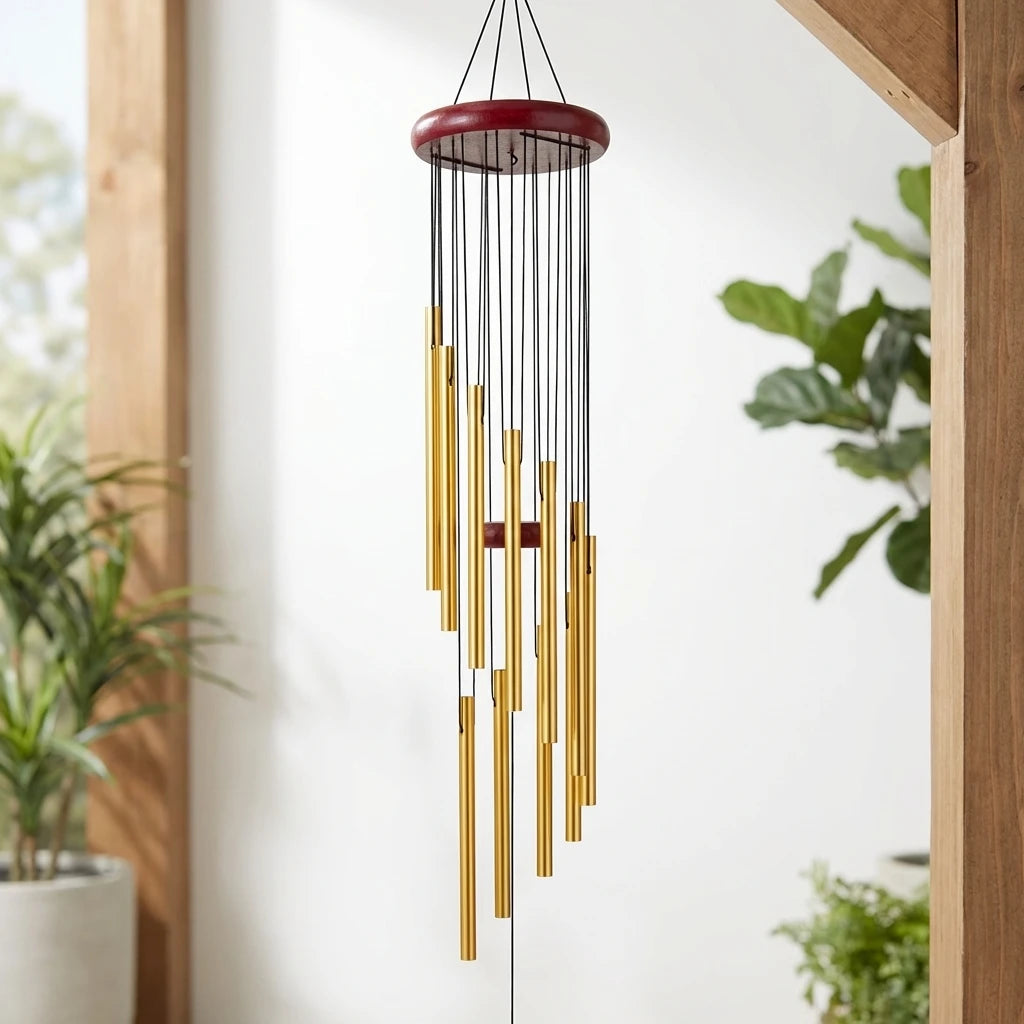 Gold and silver aluminum alloy wind chimes set with 12 tubes, featuring hooks for outdoor home, wedding, or party decoration.