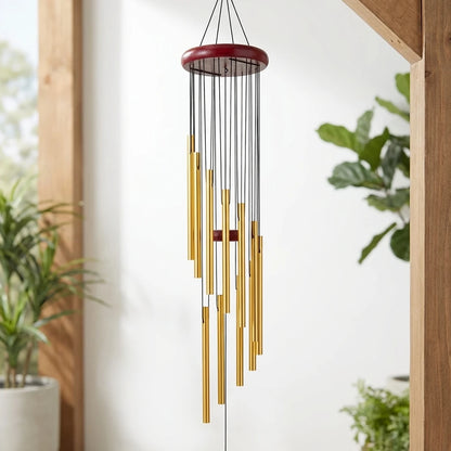 Gold and silver aluminum alloy wind chimes set with 12 tubes, featuring hooks for outdoor home, wedding, or party decoration.