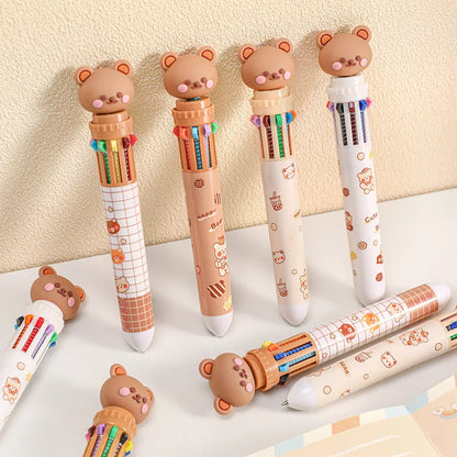 Prime Deal Zone cute bear cartoon ballpoint pen with 10 vibrant colors, ideal for students and office stationery.