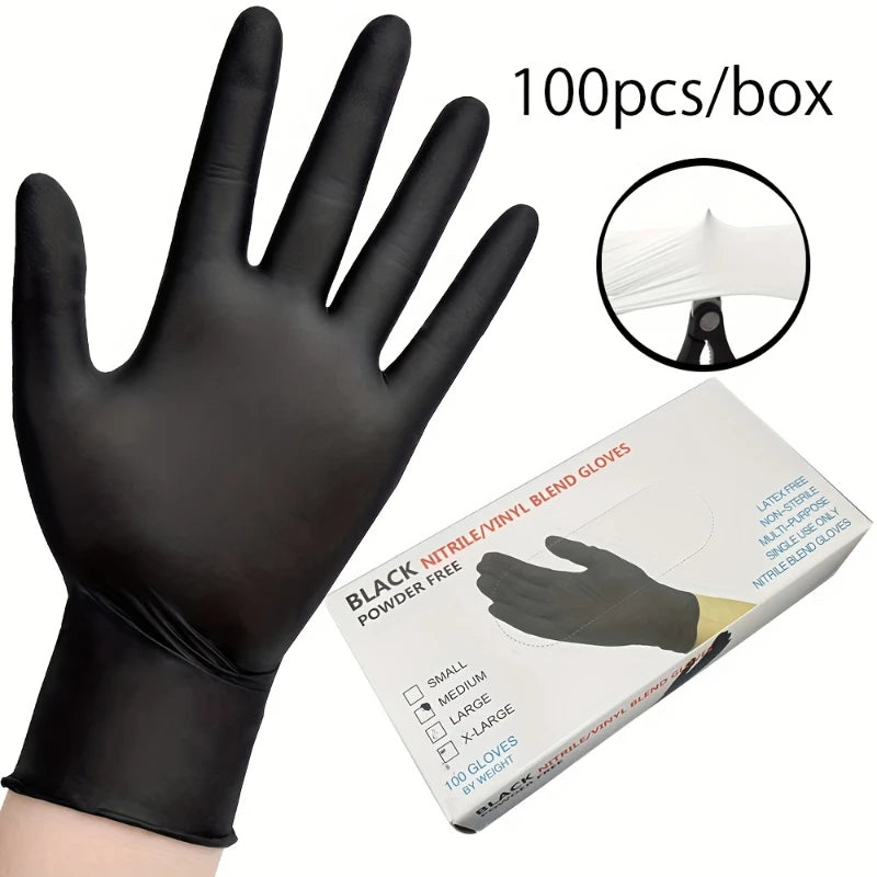Black nitrile gloves for household cleaning, dishwashing, nail art, hair dye, and pet care, latex-free, in various pack sizes.