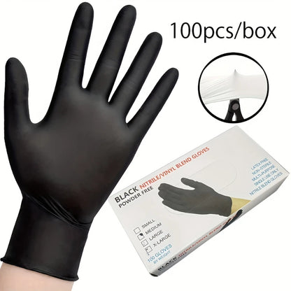 Black nitrile gloves for household cleaning, dishwashing, nail art, hair dye, and pet care, latex-free, in various pack sizes.