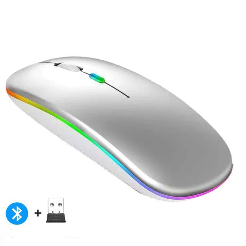 Wireless Prime Deal Zone silent rechargeable LED backlit optical mouse for PC and laptops with 2.4GHz receiver and Bluetooth dual mode.