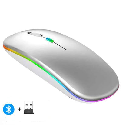 Wireless Prime Deal Zone silent rechargeable LED backlit optical mouse for PC and laptops with 2.4GHz receiver and Bluetooth dual mode.