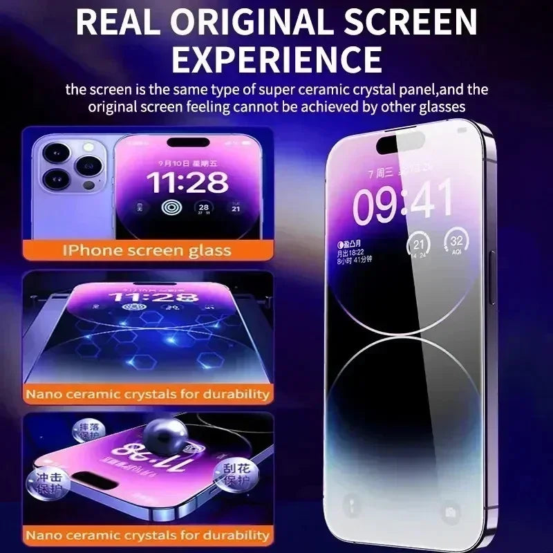 Prime Deal Zone 8K tempered glass screen protector for iPhone 11 to 15 with alignment mounting cover and protective edges.