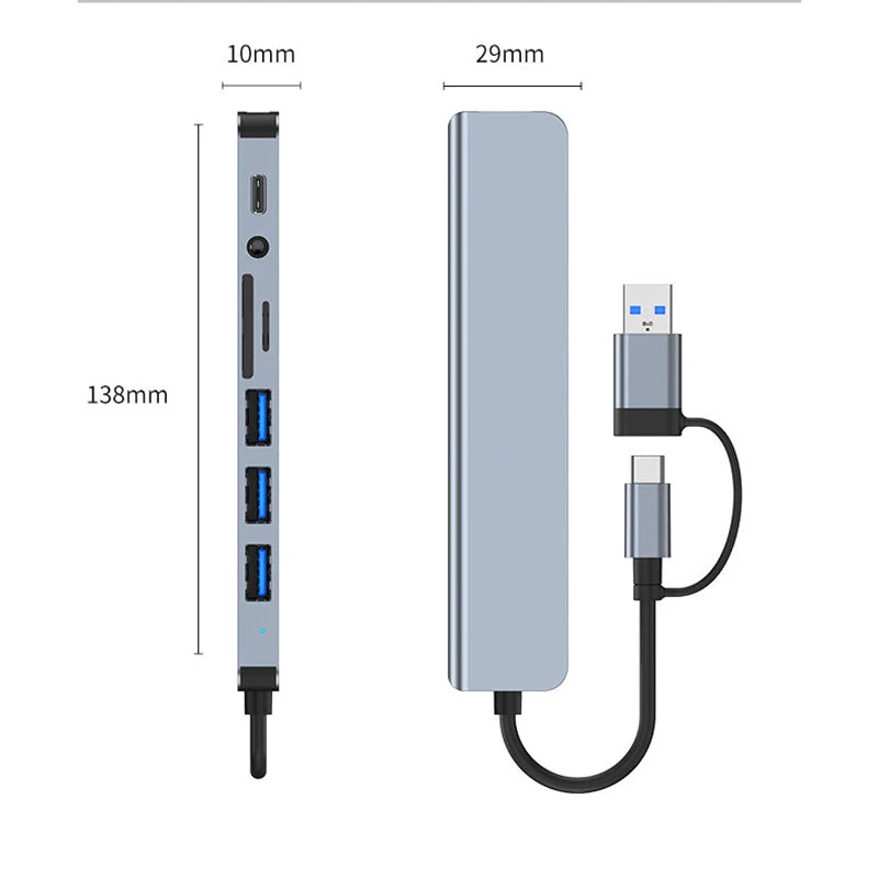 Prime Deal Zone 8-in-2 USB and Type C Hub Docking Station with 3.5mm audio jack, micro SD card reader for laptops and tablets.