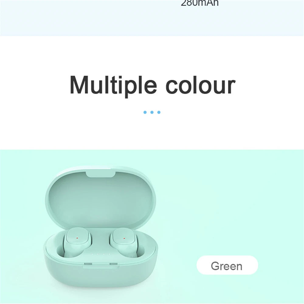 Wireless Bluetooth A6S earphones with touch control, LED display, stereo sound, suitable for Xiaomi and Huawei devices.