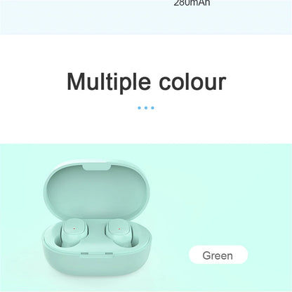 Wireless Bluetooth A6S earphones with touch control, LED display, stereo sound, suitable for Xiaomi and Huawei devices.