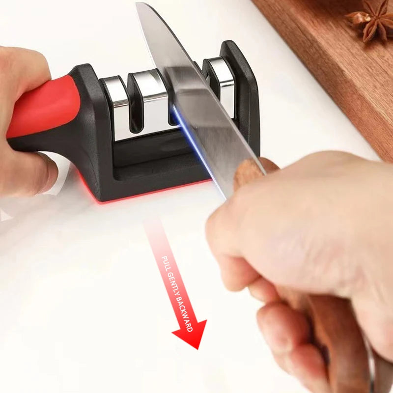Prime Deal Zone kitchen knife sharpener, multi-functional handheld black sharpening stone with 3/4-segment design for household use.