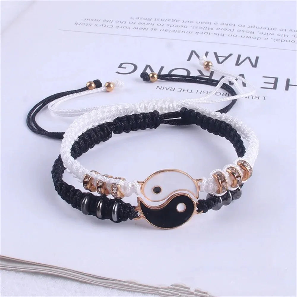yin yang couple bracelet set, black and white rope - view 2