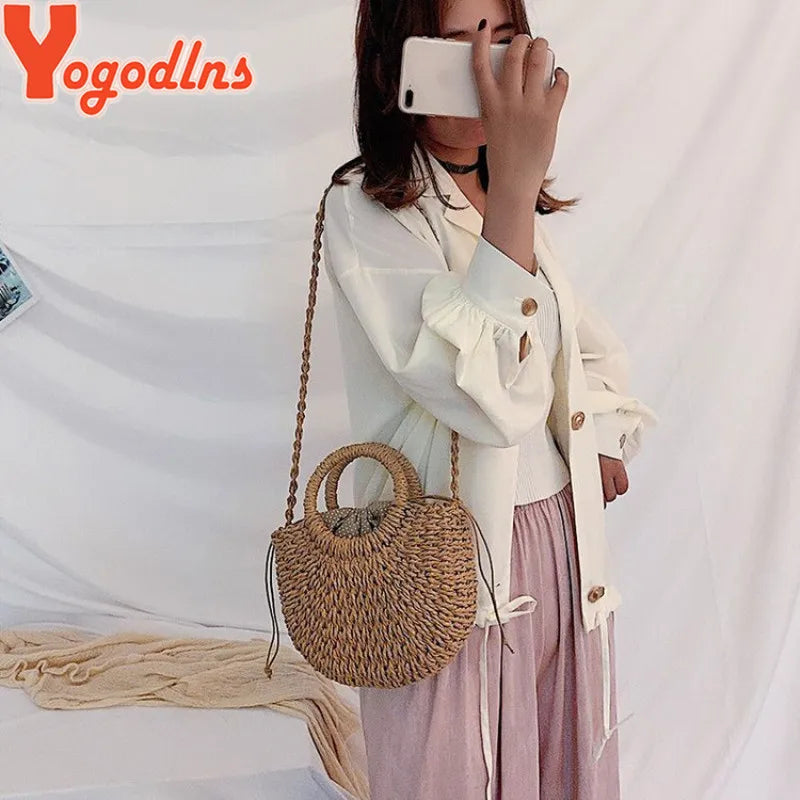 Handmade half-round rattan straw bag by Prime Deal Zone featuring woven design, perfect as a summer crossbody or beach handbag for women.
