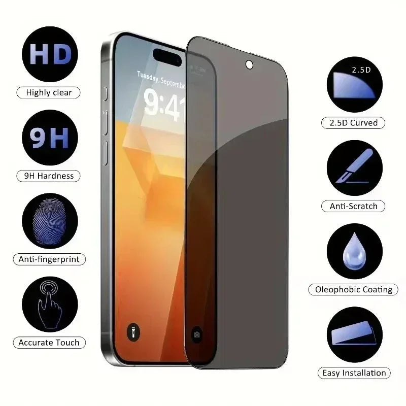 Set of five Prime Deal Zone anti-peep privacy tempered glass screen protectors for iPhone 12 to 17 Pro Max, showing protective film and packaging.