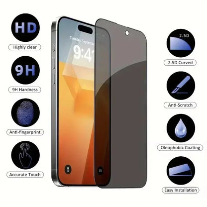 Set of five Prime Deal Zone anti-peep privacy tempered glass screen protectors for iPhone 12 to 17 Pro Max, showing protective film and packaging.
