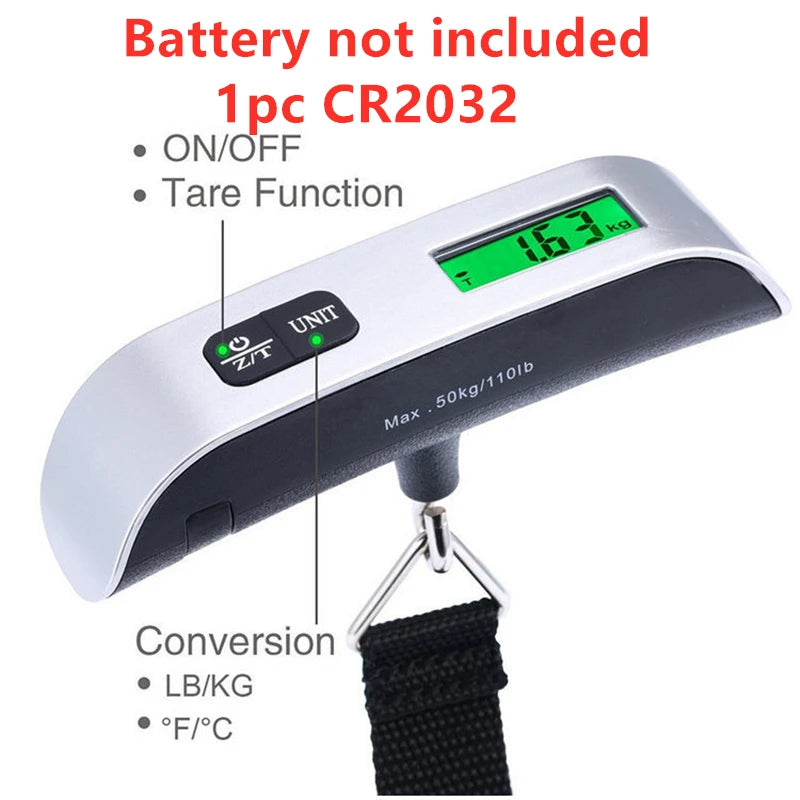 Digital portable scale with LCD display measuring luggage weight up to 110lb/50kg, suitable for travel and baggage weighing.