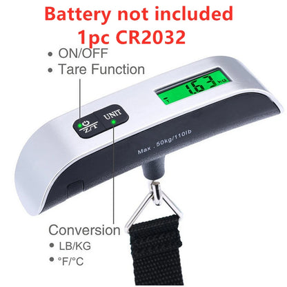 Digital portable scale with LCD display measuring luggage weight up to 110lb/50kg, suitable for travel and baggage weighing.
