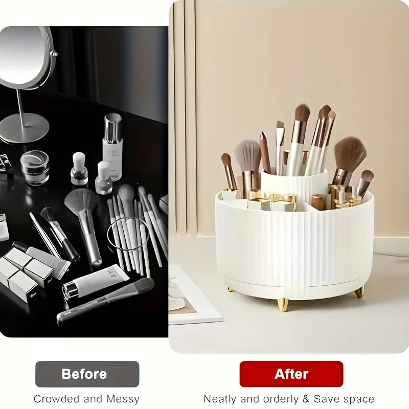 Prime Deal Zone 360-degree rotating cosmetic storage box with five compartments for brushes and makeup tools.
