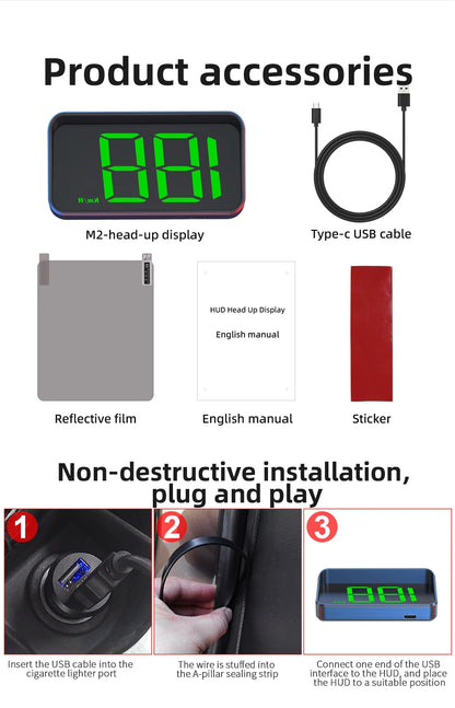 HD Car Head Up Display M2 from Prime Deal Zone showing GPS speedometer and digital KM/H readout projected onto windshield