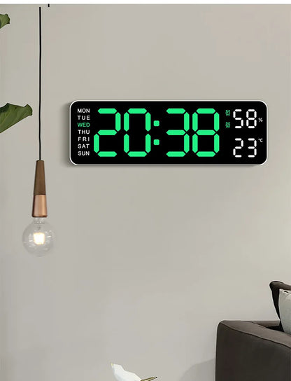 Large Prime Deal Zone digital wall clock with LED display showing temperature, humidity, week, and adjustable brightness.