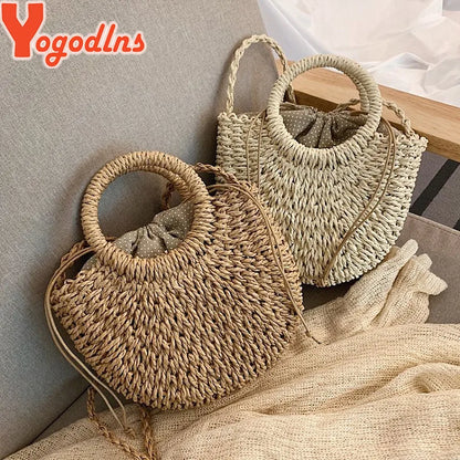 Handmade half-round rattan straw bag for women, summer messenger crossbody bag with woven design, small beach handbag.