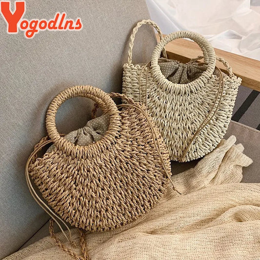 Handmade half-round rattan straw bag for women, summer messenger crossbody bag with woven design, small beach handbag.