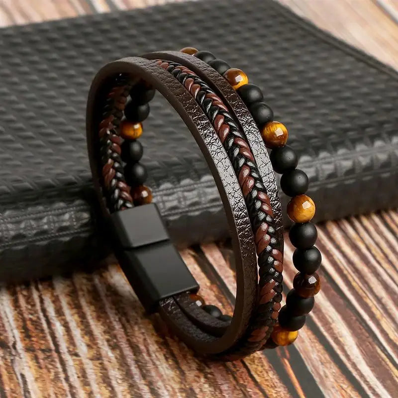 Men’s Multi-Layer Woven Leather Bracelet — Casual Fashion