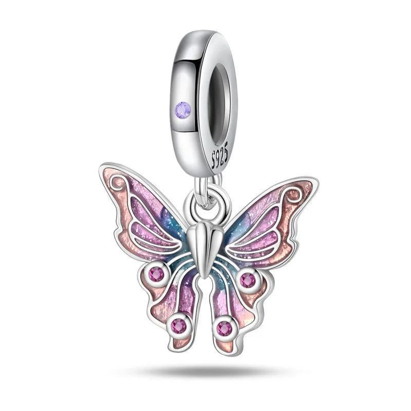 925 Silver-Plated Butterfly Charm Beads, Multicolour