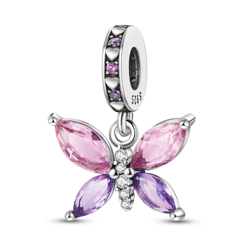 925 Silver-Plated Butterfly Charm Beads, Multicolour