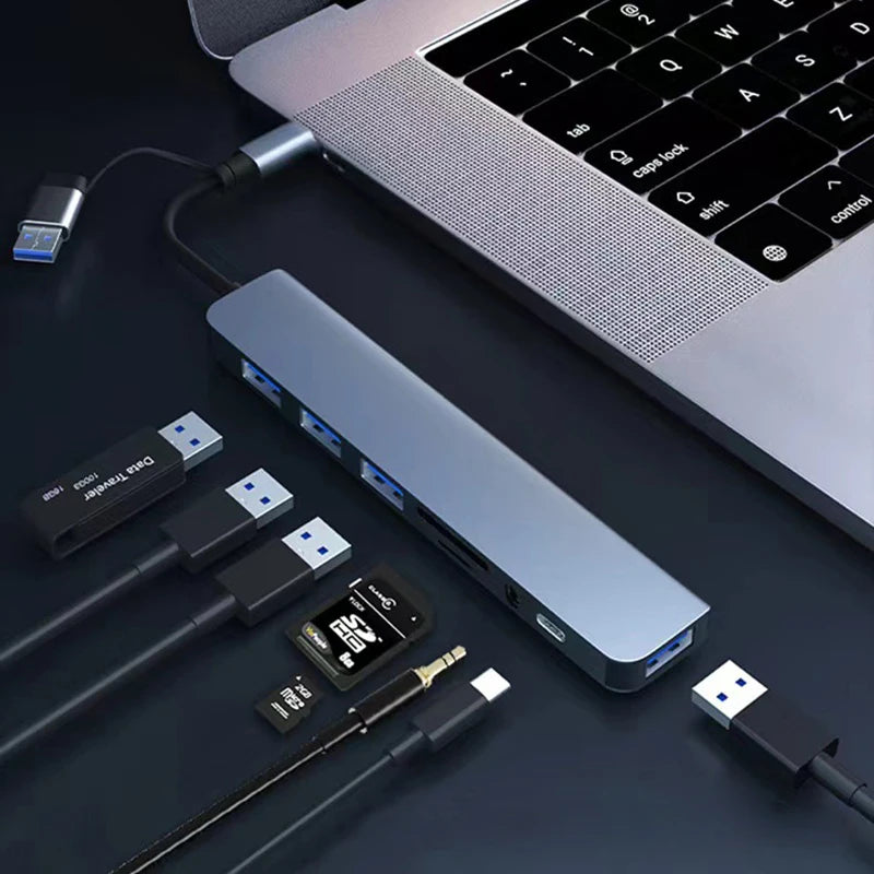 Prime Deal Zone 8-in-2 USB and Type C hub docking station with 3.5mm audio, micro SD reader for laptops, tablets, and phones.