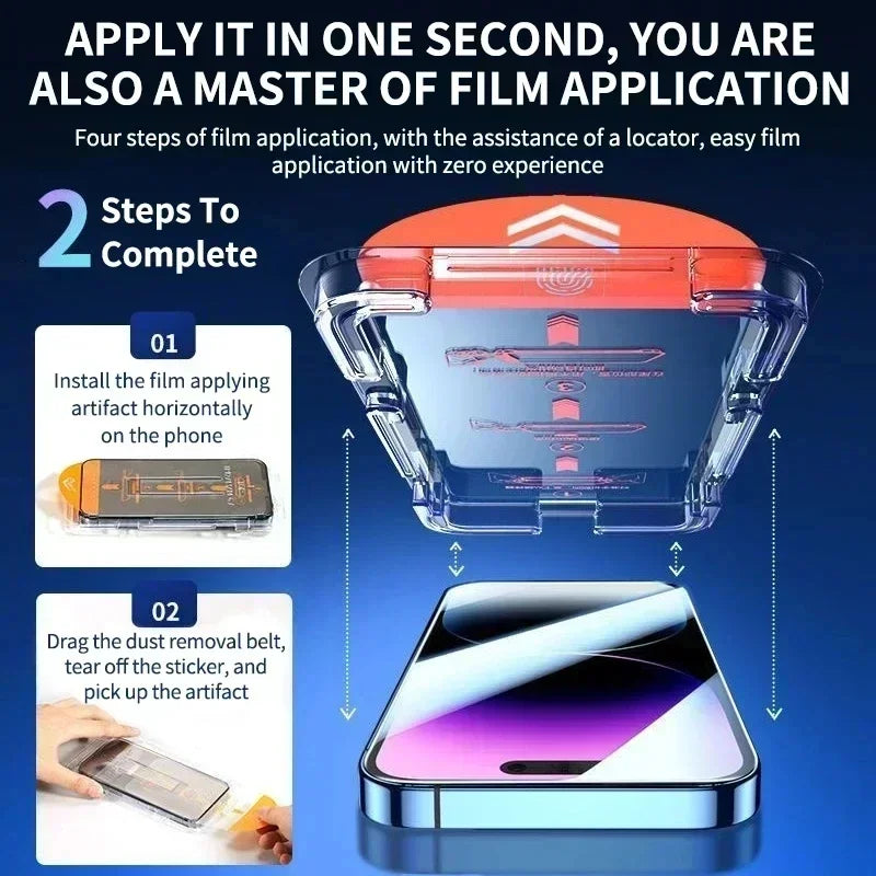 Prime Deal Zone 8K tempered glass screen protector for iPhone models with alignment mounting cover, showing installation process.