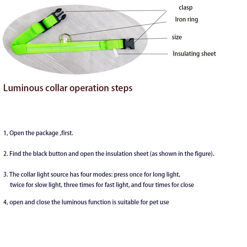 Nylon LED night safety dog leash with glowing fluorescent material and reflective features for visibility during dark walks.