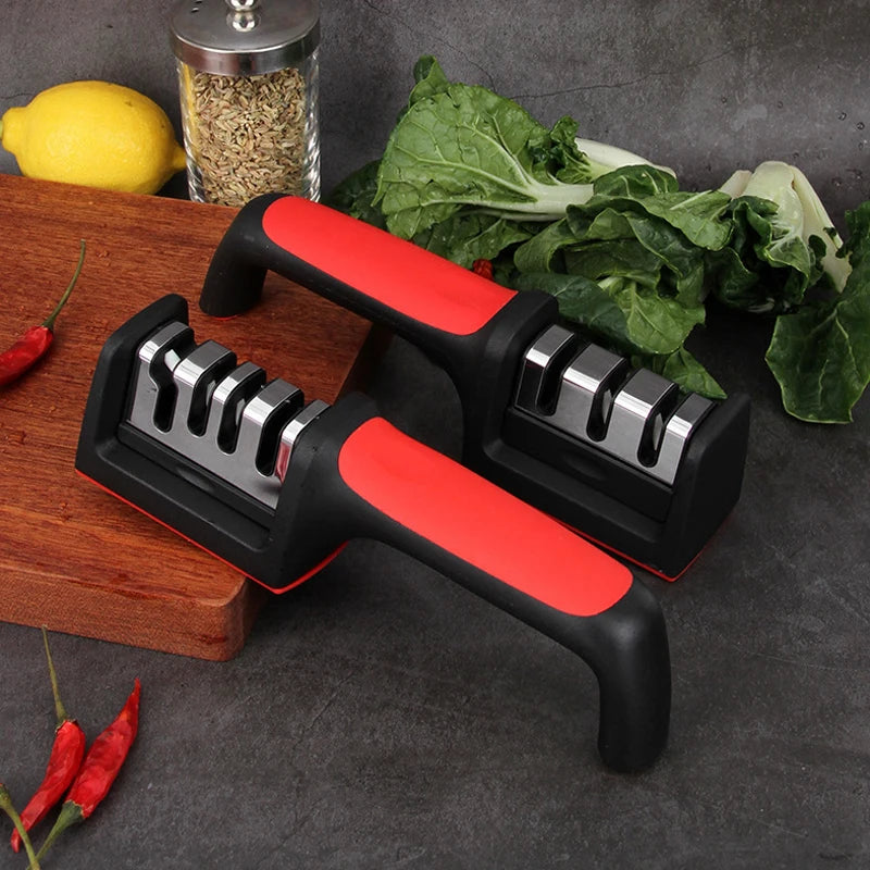 Black handheld Prime Deal Zone kitchen knife sharpener with three 3/4-segment sharpening stones for versatile kitchen use.