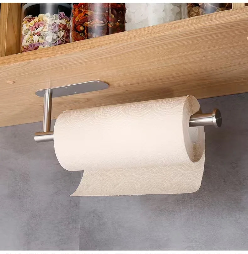 Prime Deal Zone adhesive kitchen paper towel holder and tissue dispenser mounted on bathroom cabinet for napkins and toilet rolls.