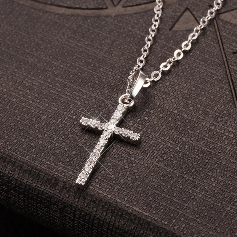 zircon cross pendant necklace, unisex hip hop chain - view 1