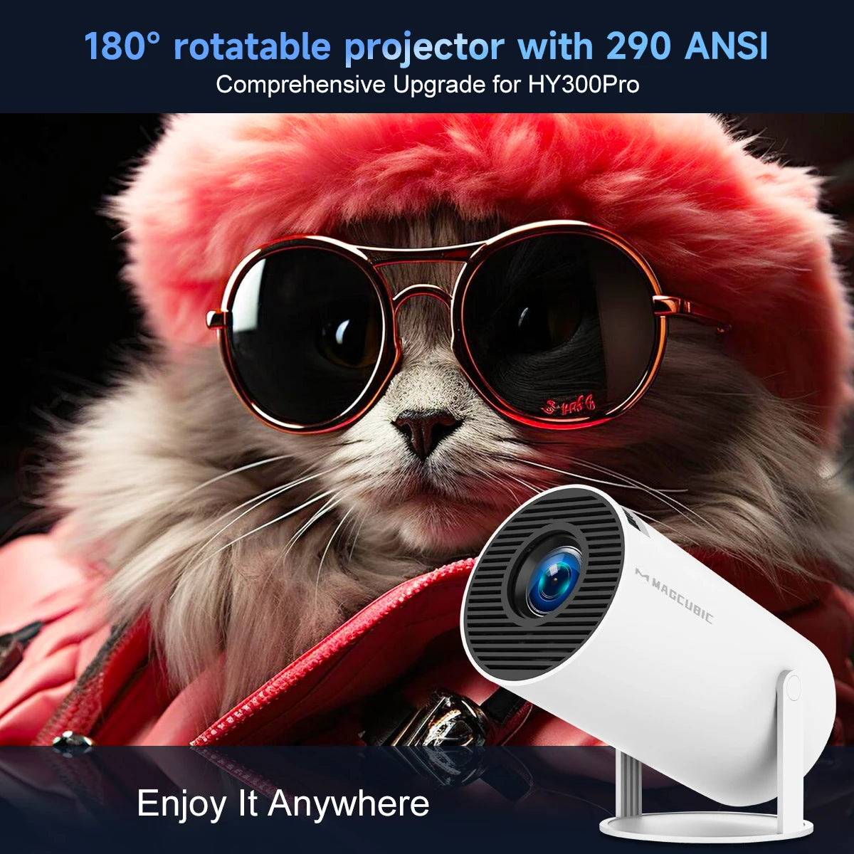 Magcubic HY300 Pro smart projector showing a bright 8K display with Android 14 interface, dual WiFi 6, and Bluetooth 5.4 connectivity.