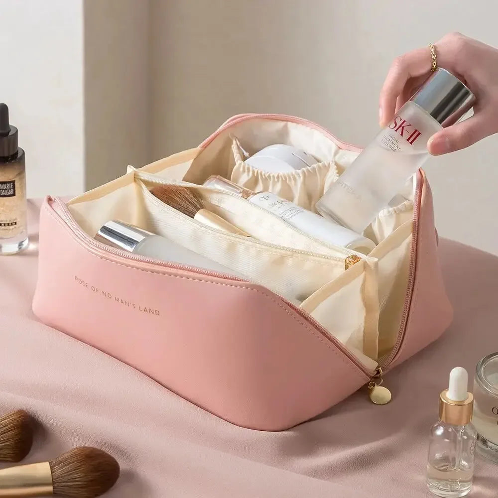 Women's Luxury Large Capacity Travel Cosmetic Bag | PU Leather Makeup & Toiletry Organizer with Zipper